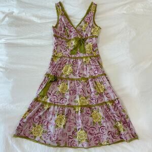 Rickie Freeman TERI JON Y2K Pink Green Floral Tired Strapless Dress sz 4